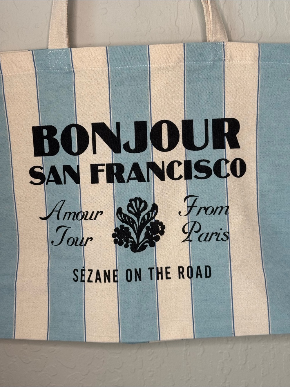 SEZANE San Francisco Exclusive Striped Tote Bag Blue & Cream Cotton Canvas - Picture 3 of 11